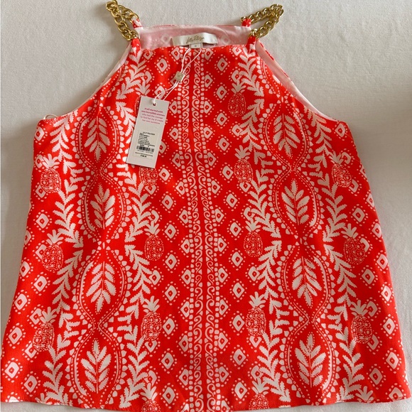 Lilly Pulitzer Size 0 Johannah Silk Tank Top Halter Gold Chain Straps Su… - Picture 1 of 6